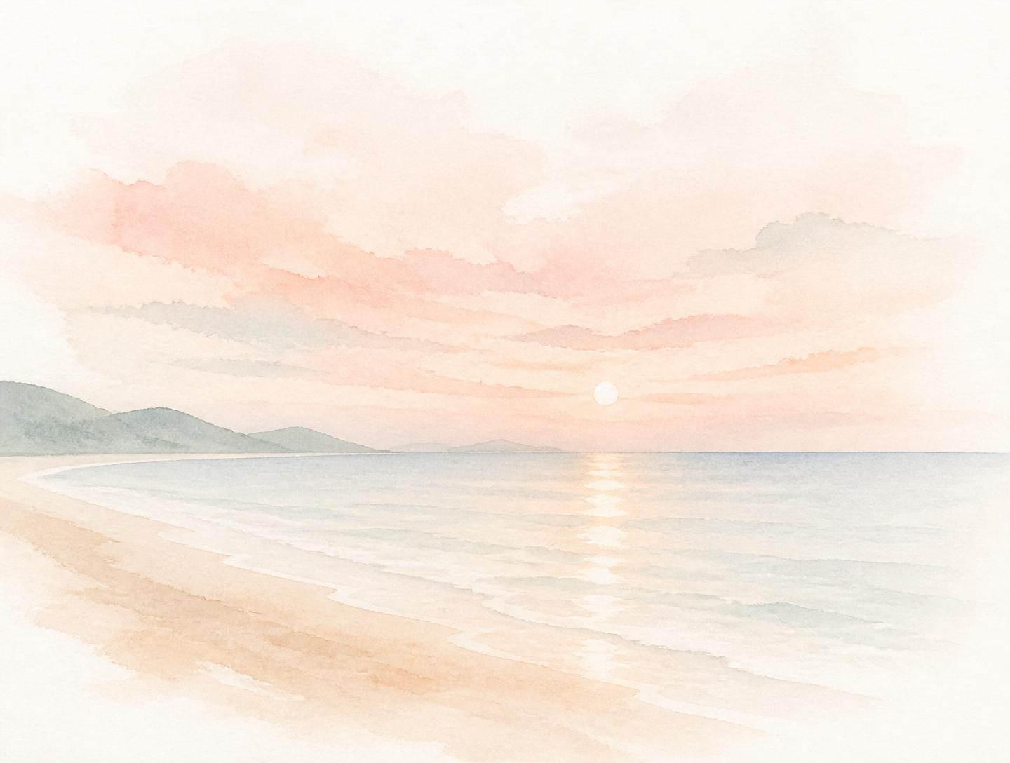 Aquarela suave de um pôr do sol na praia